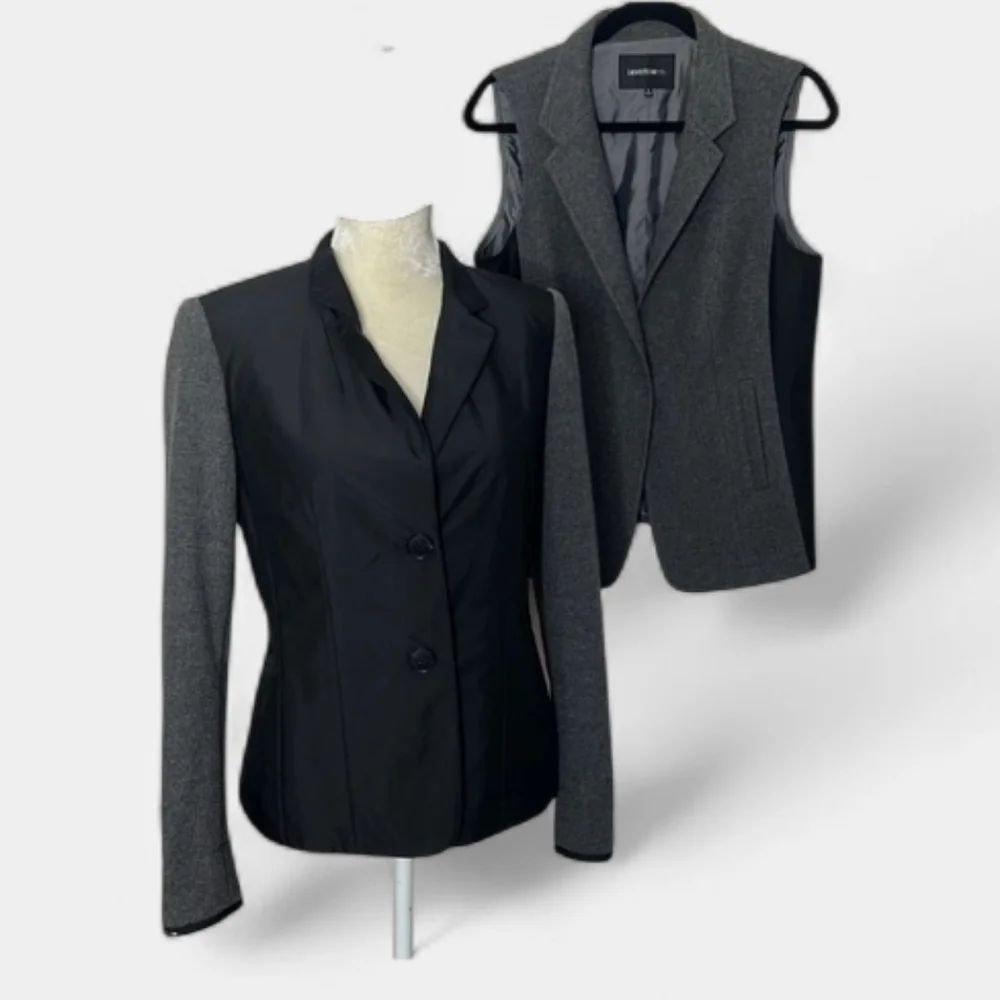 NWOT Lafayette 148 Convertable 2pc Vest Jacket Wool Blend Black Charcoal Gray 14